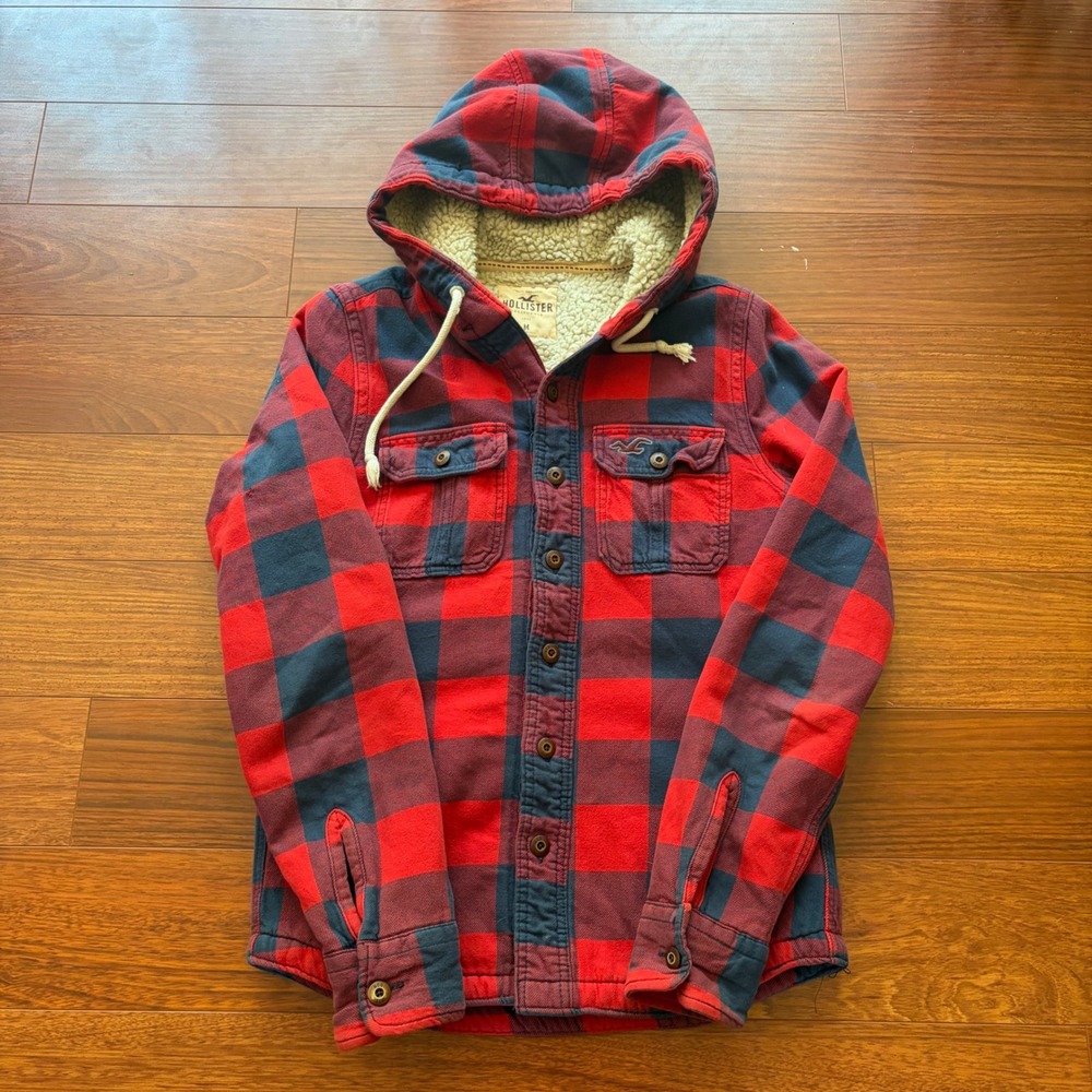 Hollister Mens Red Navy Buffalo Plaid Sherpa Lined Hooded Flannel Jacket M